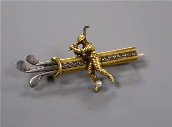 An early/mid 20th century yellow and white metal, rose cut diamond set golfer and golf bag bar brooch, 40mm.